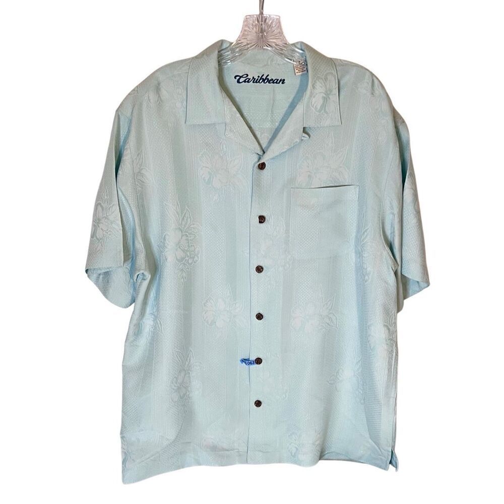 Caribbean Jacquards Eggshell Blue Men's Short Sleeve Button Front Shirt L